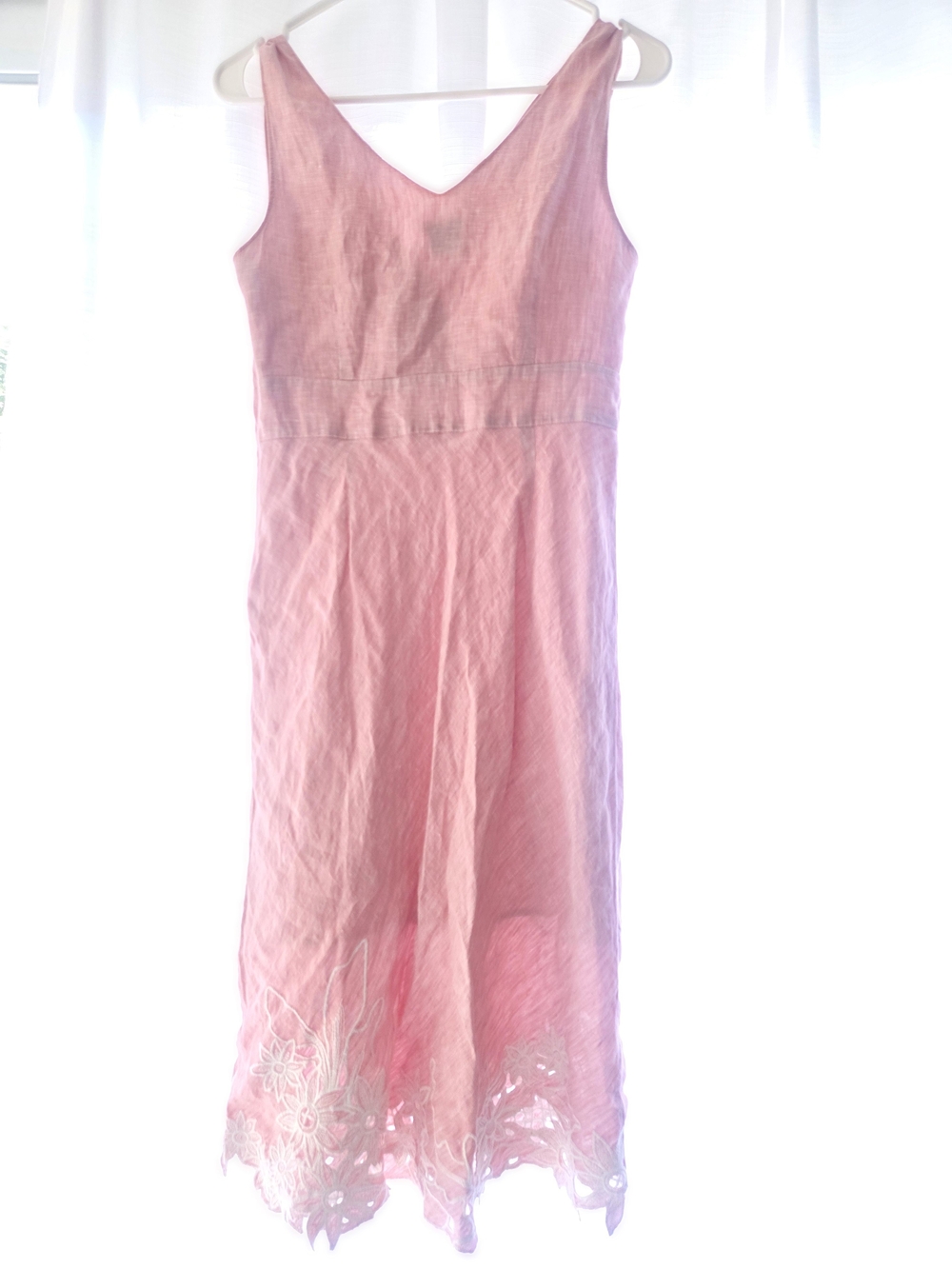 Eddie Bauer Pink Linen Blend Sleeveless V-Neck Dress with Embroidered Hem